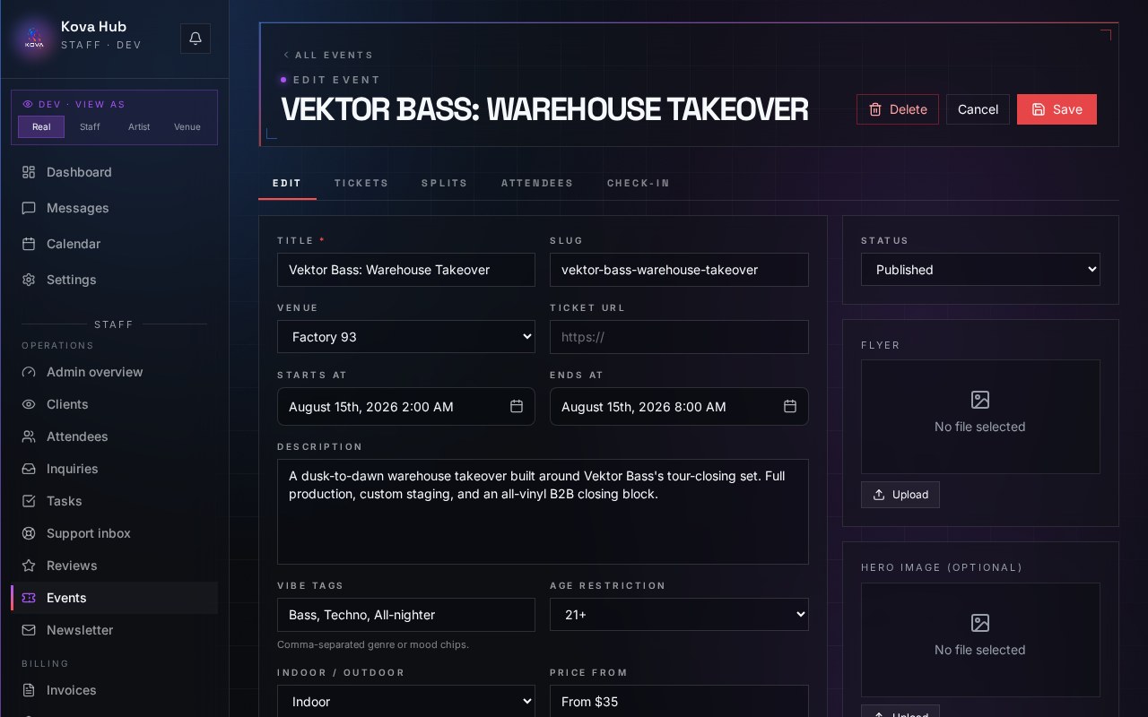 Ticketing & door inside the Kova Hub dashboard