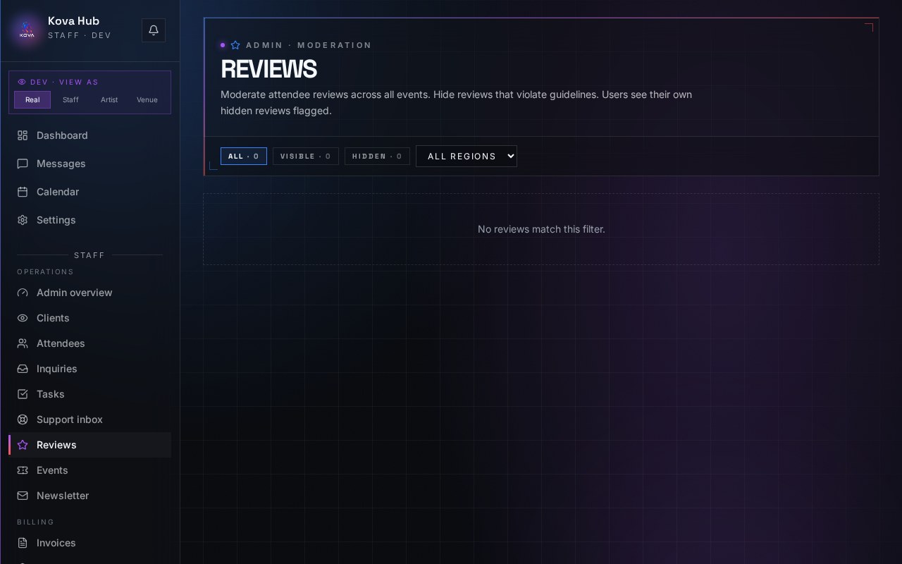 Reviews & track records inside the Kova Hub dashboard