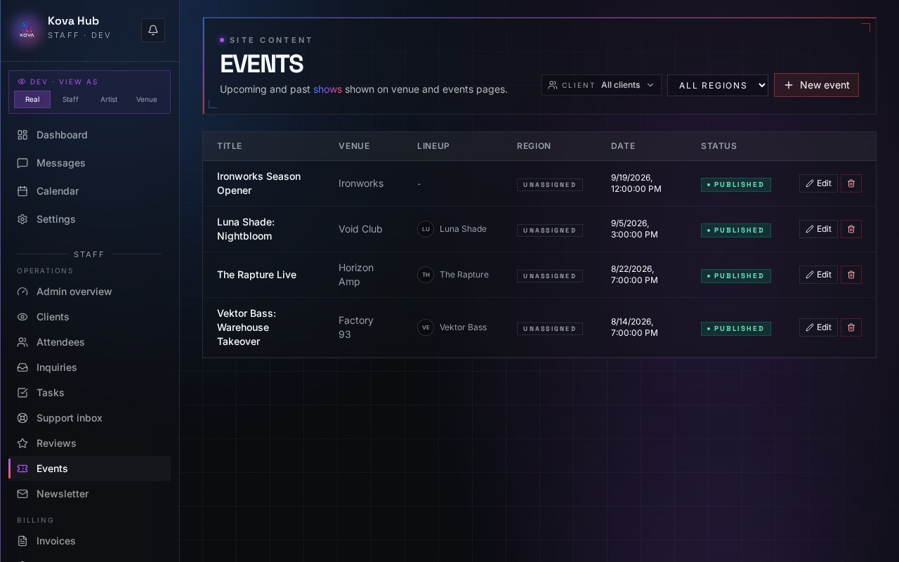 Event pages inside the Kova Hub dashboard