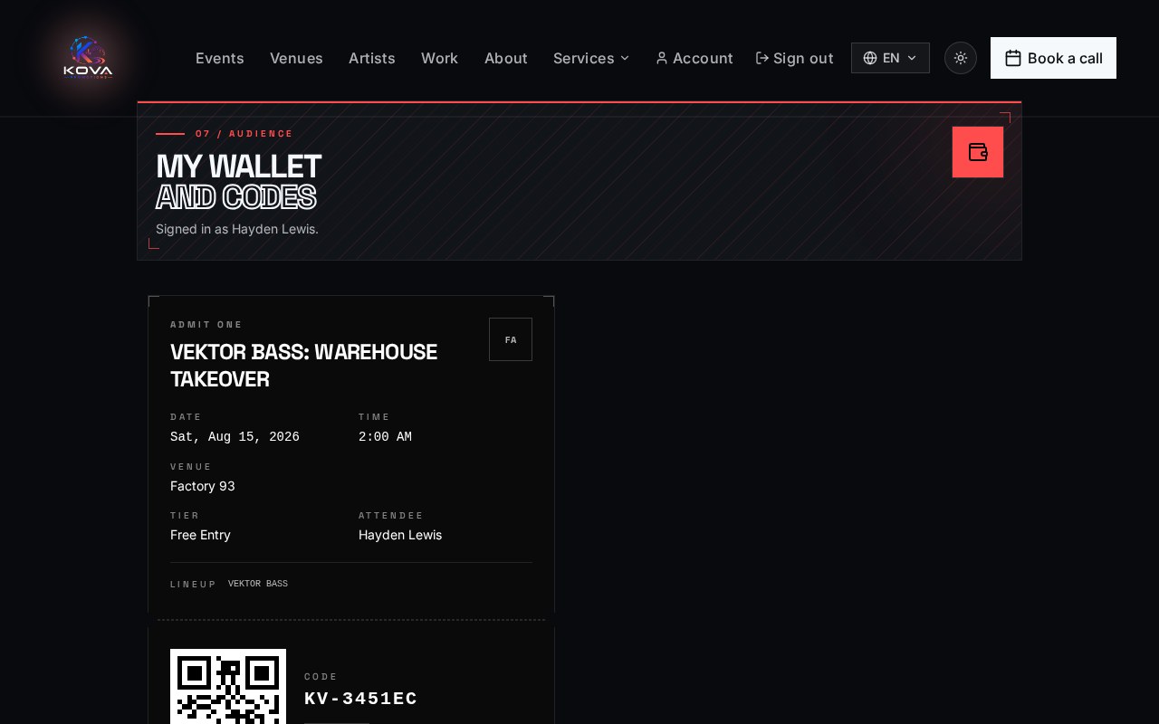 Attendee wallet inside the Kova Hub dashboard
