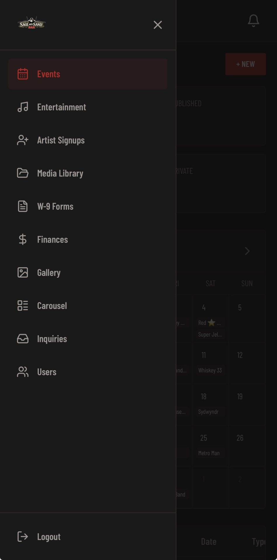 Sage & Sand, Admin Menu
