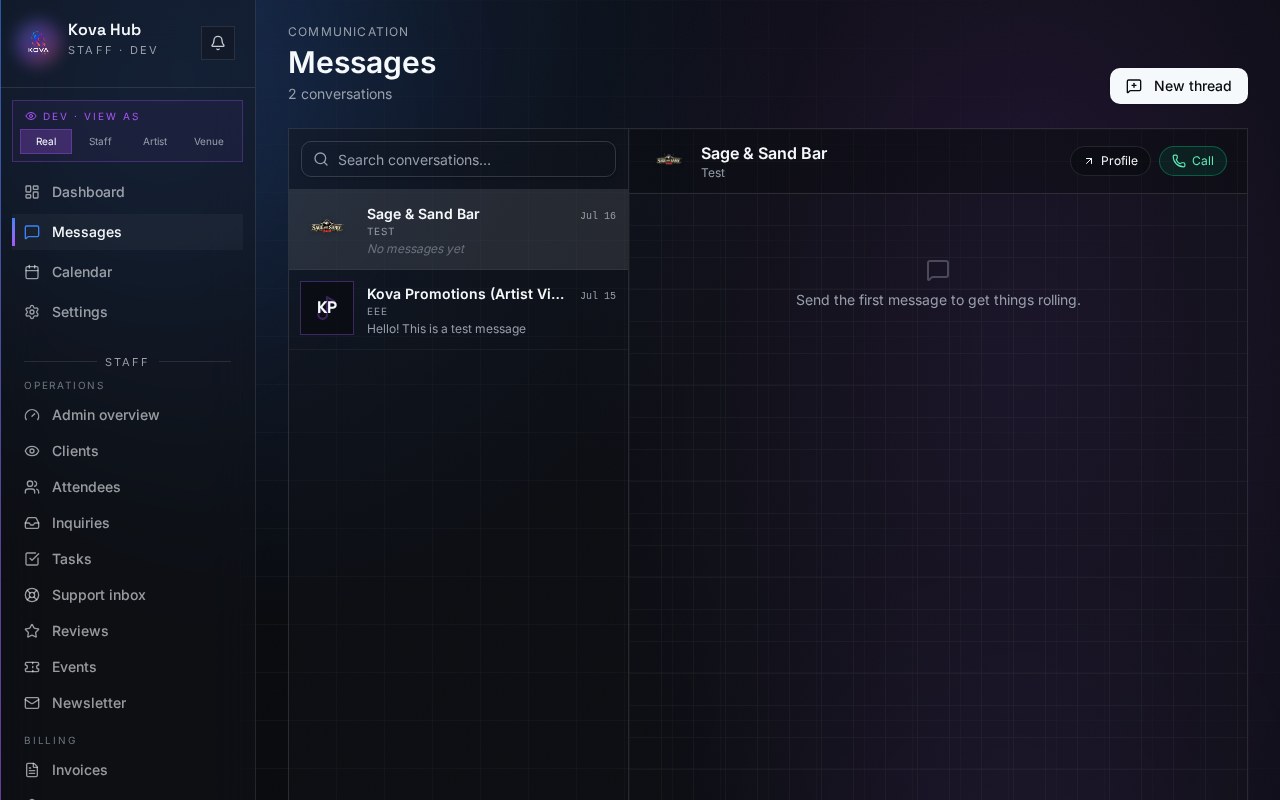 Direct messaging & booking inside the Kova Hub dashboard
